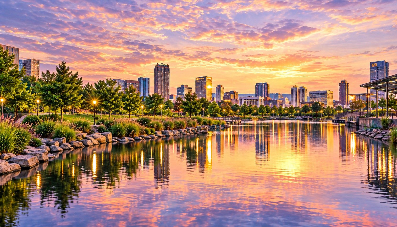 Birmingham skyline reflected in the water at sunset